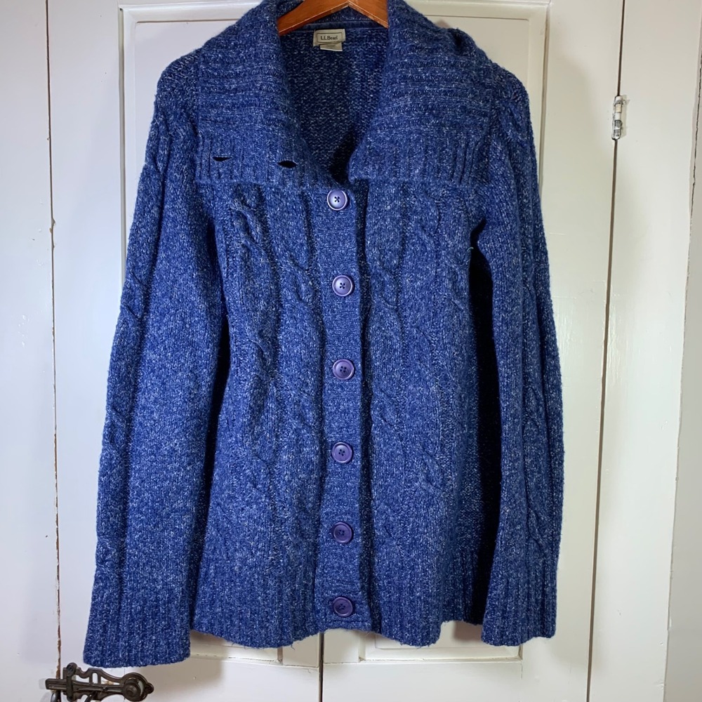 LL Bean Womens Blue Wool Blend Cable Knit Shawl Collar Button Cardigan Sweater M
